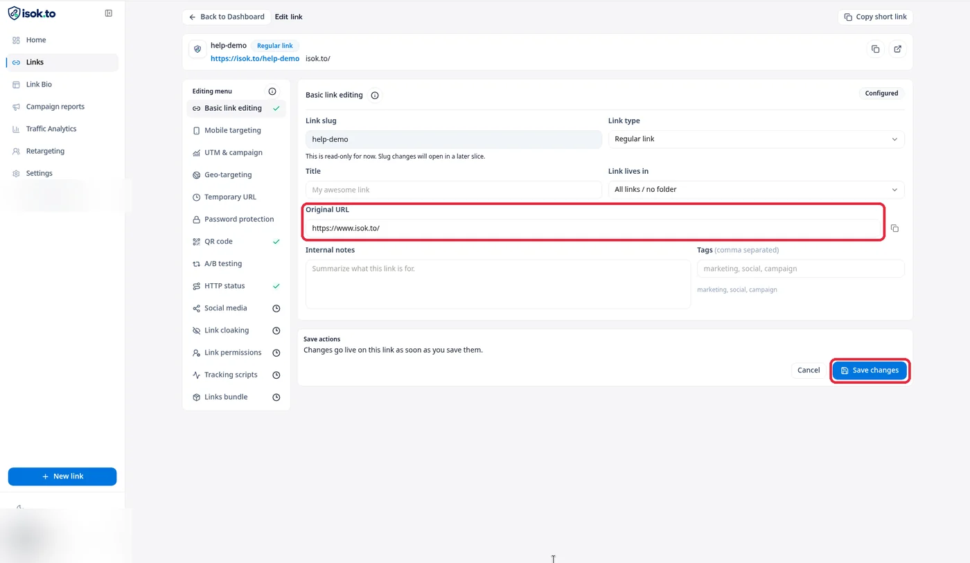 หน้า Edit link ไฮไลต์ช่อง Original URL และปุ่ม Save changes
