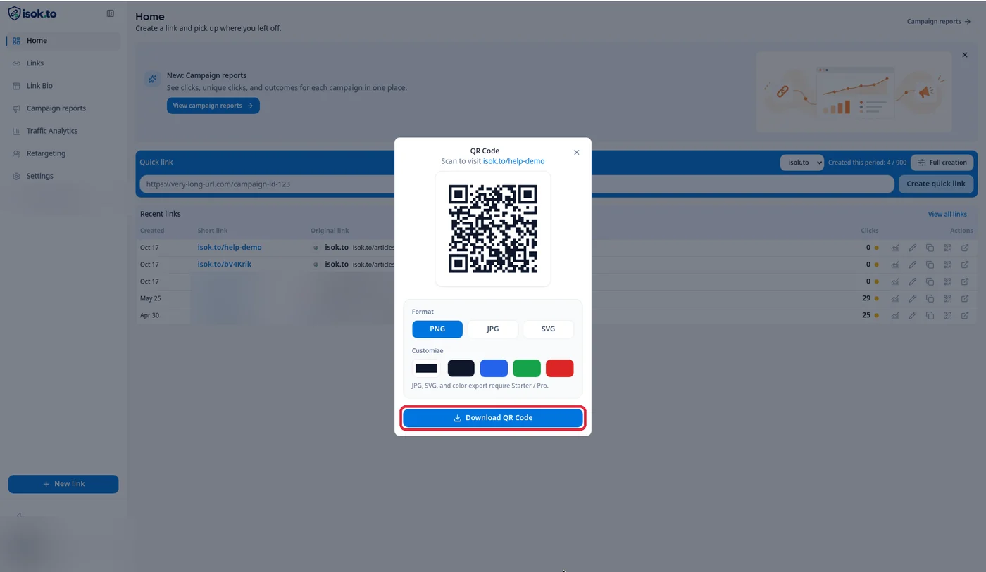 หน้าต่าง QR Code มีตัวเลือก PNG, JPG, SVG ตัวเลือกสี และปุ่ม Download QR Code ไฮไลต์ด้วยกรอบแดง