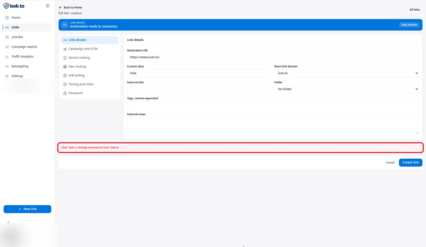 ข้อความสีแดงแจ้งว่าชื่อ hole ถูกใช้แล้วบน isok.to ในหน้า Full link creation