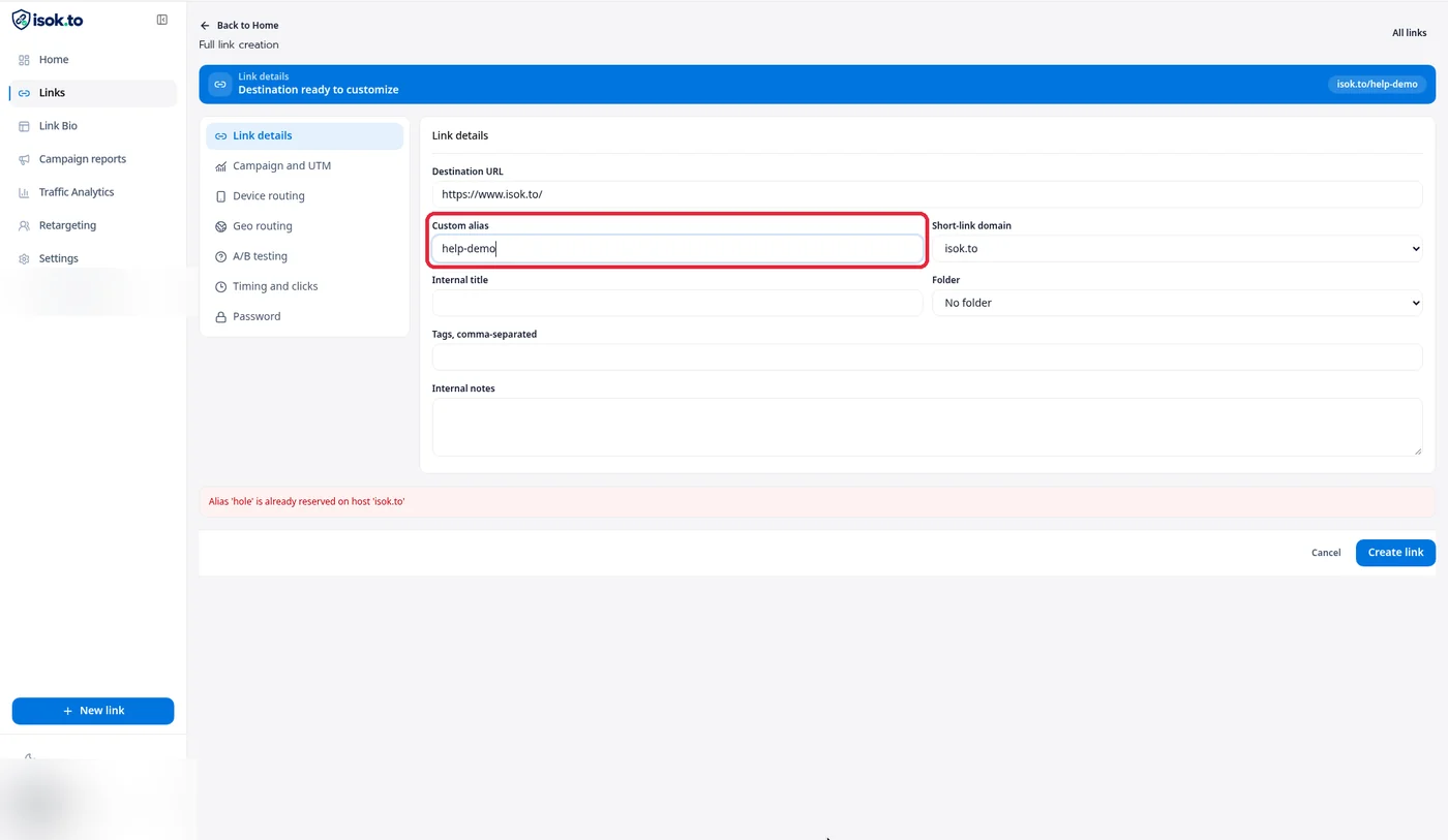 หน้า Full link creation ไฮไลต์ช่อง Custom alias ที่พิมพ์ว่า help-demo