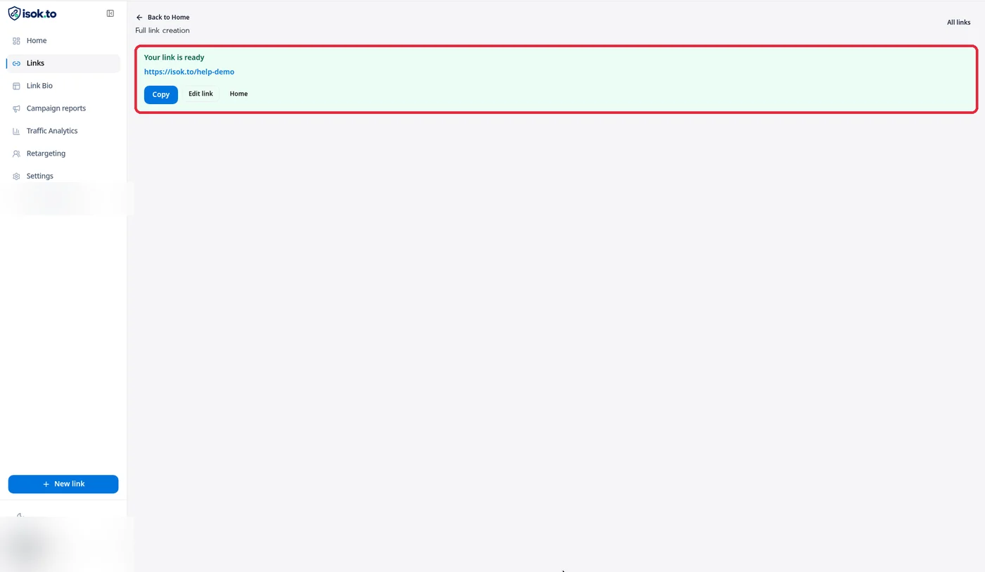 หน้าสร้างลิงก์สำเร็จ ข้อความ Your link is ready พร้อมลิงก์ isok.to/help-demo และปุ่ม Copy