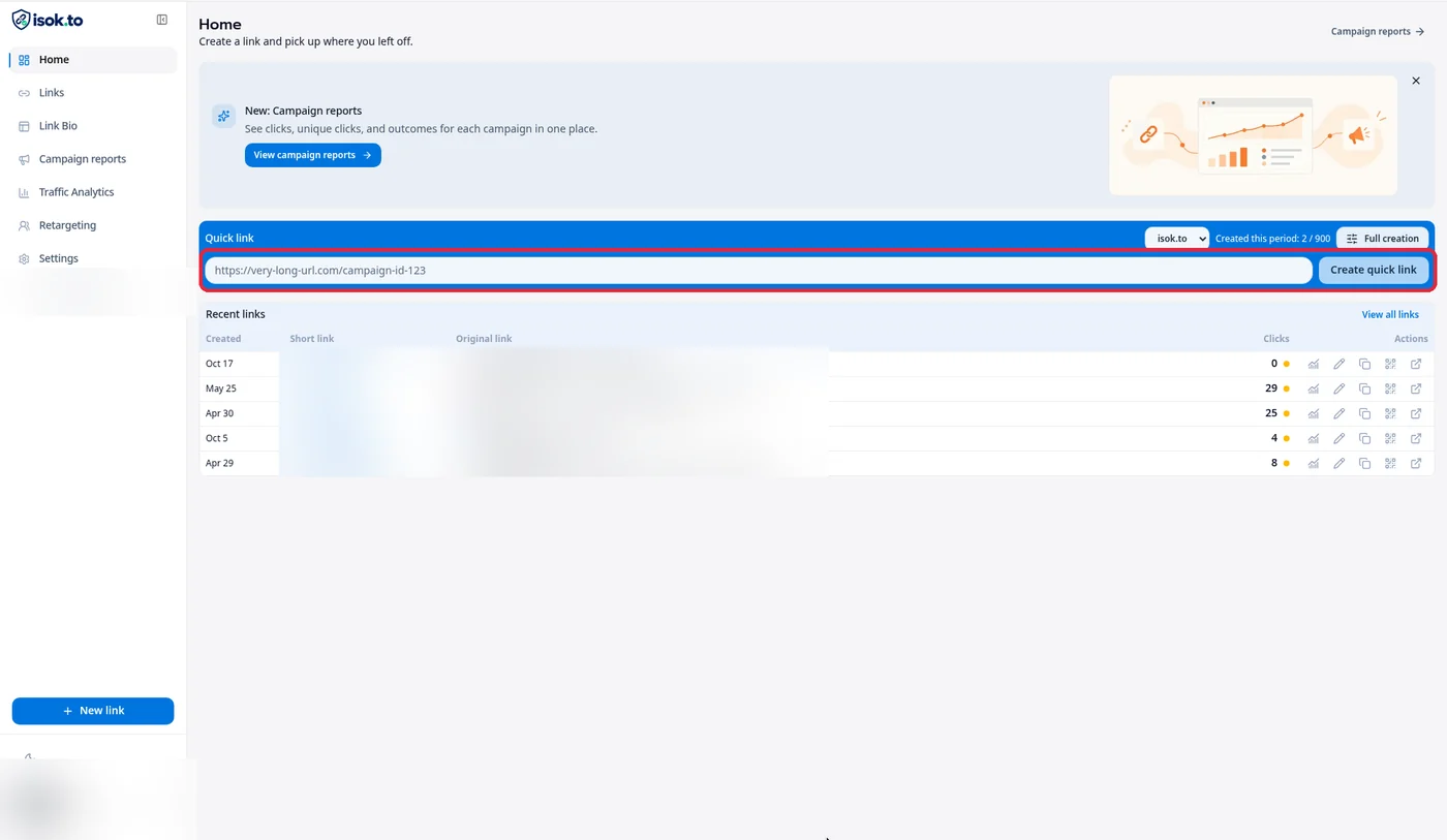 การ์ด Quick link ในหน้า Home ของ isok.to มีช่องวางลิงก์และปุ่ม Create quick link ไฮไลต์ด้วยกรอบแดง