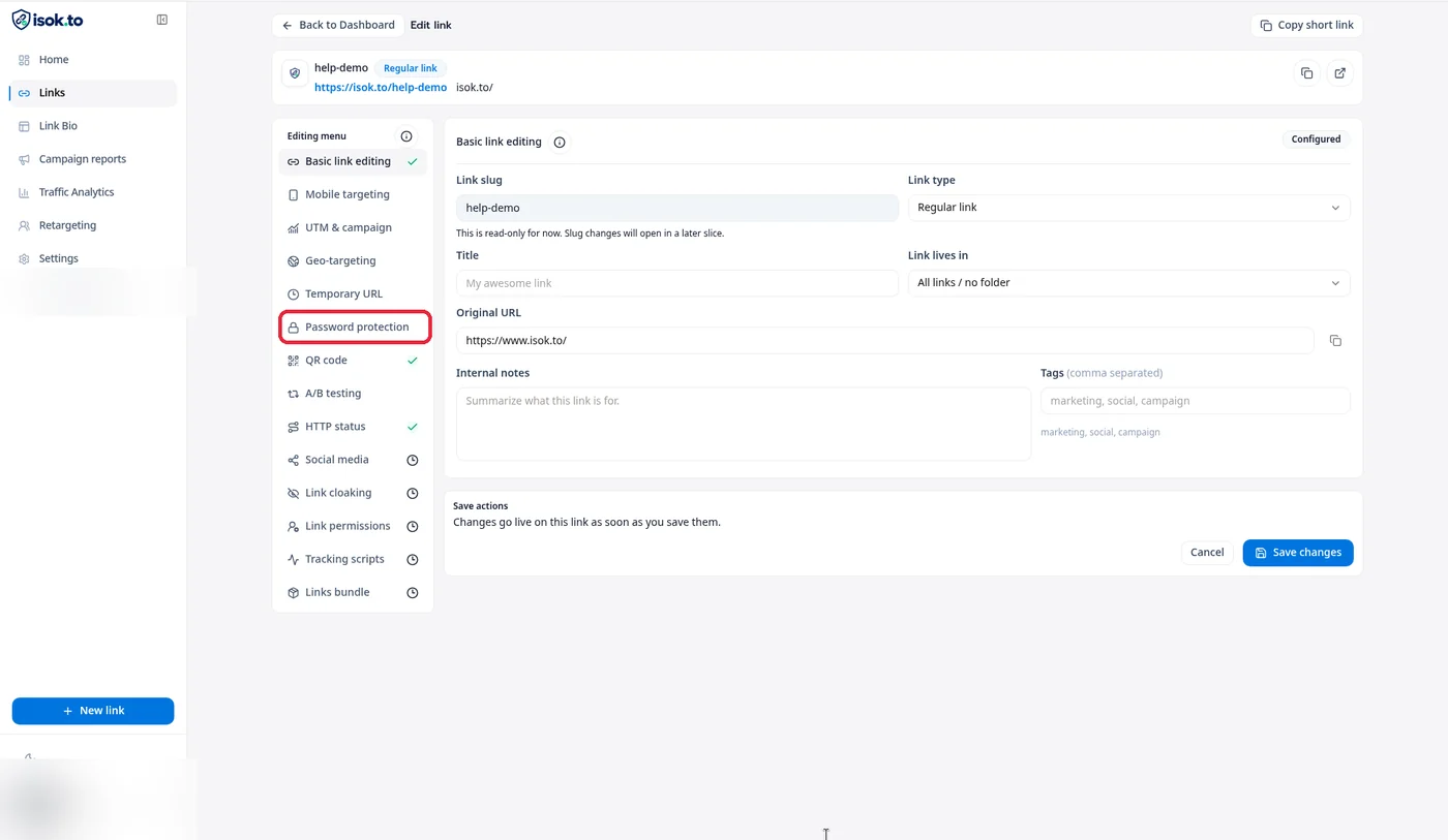 หน้า Edit link ไฮไลต์เมนู Password protection ใน Editing menu