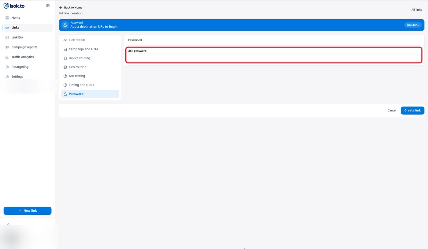 หน้า Full link creation หัวข้อ Password ไฮไลต์ช่อง Link password