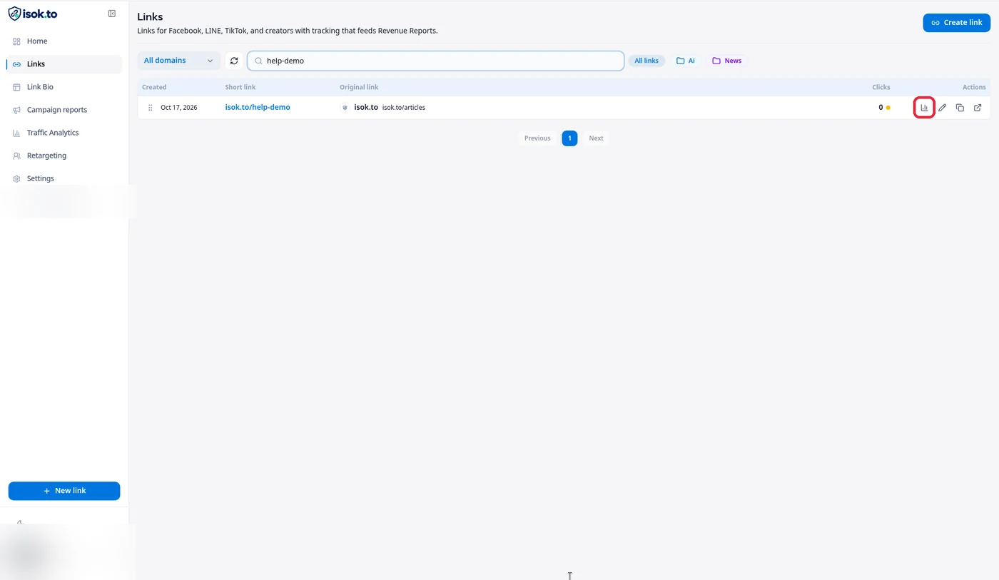 หน้า Links ค้นหา help-demo แล้วไฮไลต์ไอคอนกราฟ View analytics ท้ายแถว