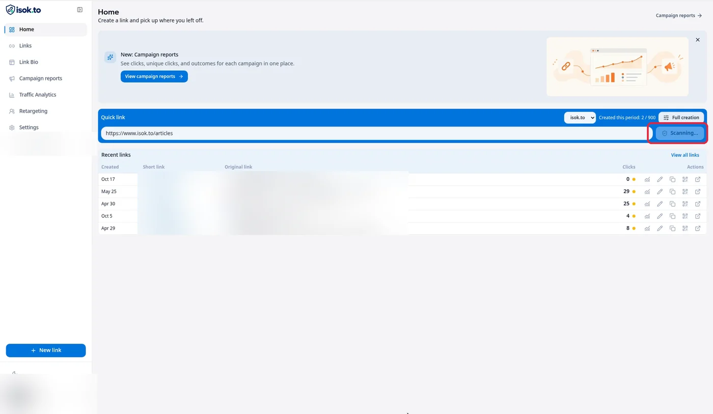 การ์ด Quick link ระหว่างสร้างลิงก์ ปุ่มแสดงสถานะ Scanning… ไฮไลต์ด้วยกรอบแดง
