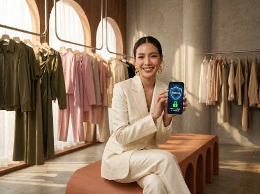 Thai boutique shop owner holding phone with verified badge
